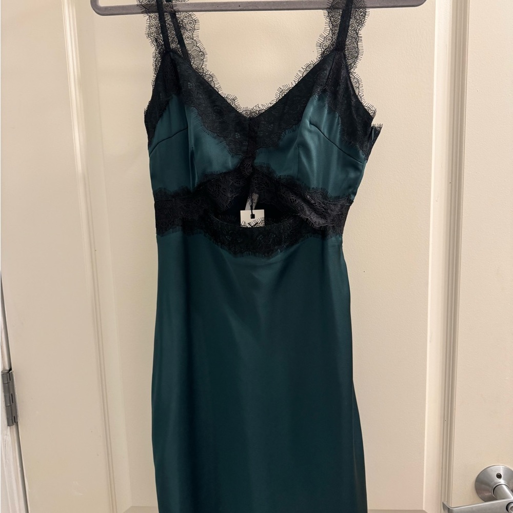 MINKPINK Satin Slip Dress in Deep Teal with Black Lace
